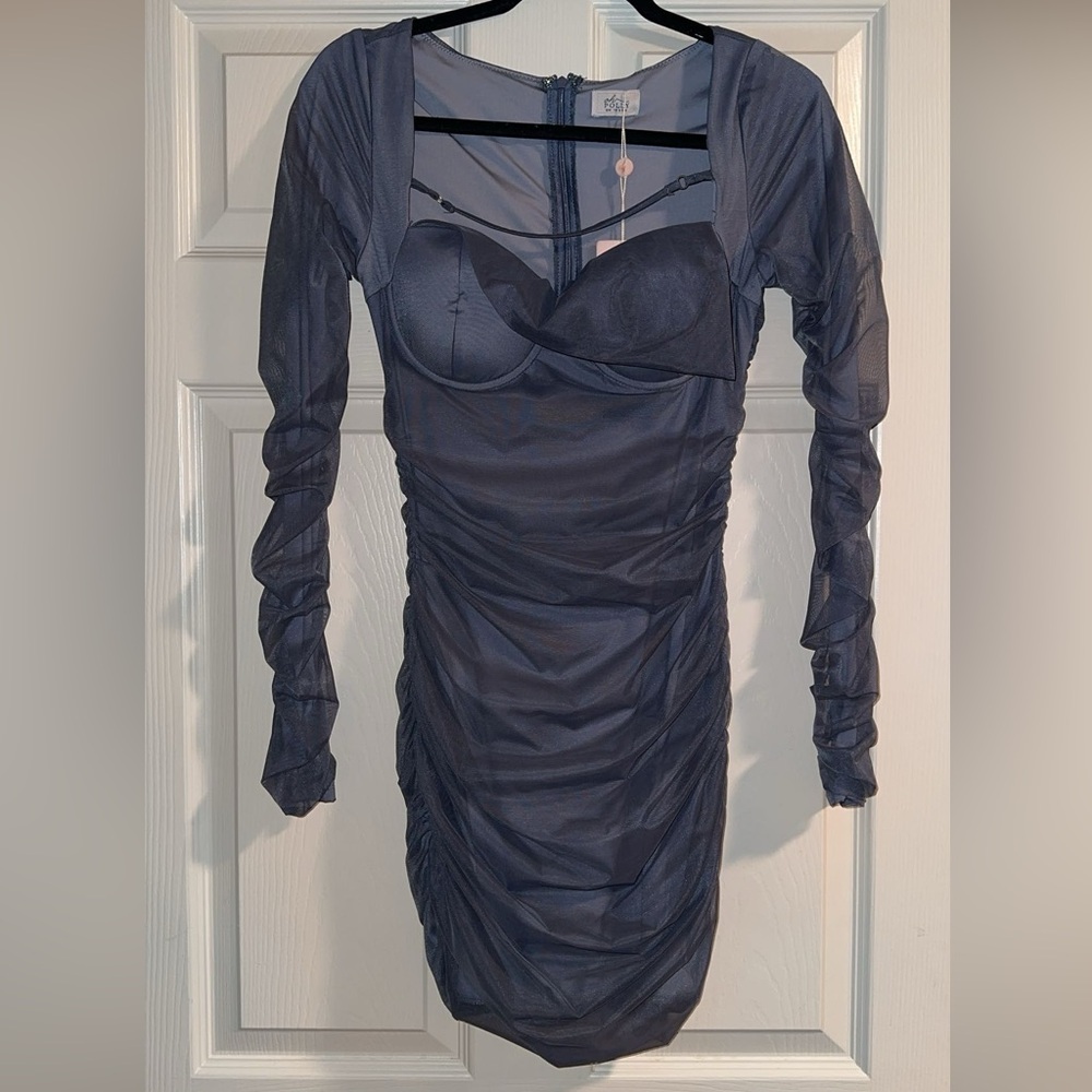 Oh Polly Blue Ruched Mesh Mini Dress